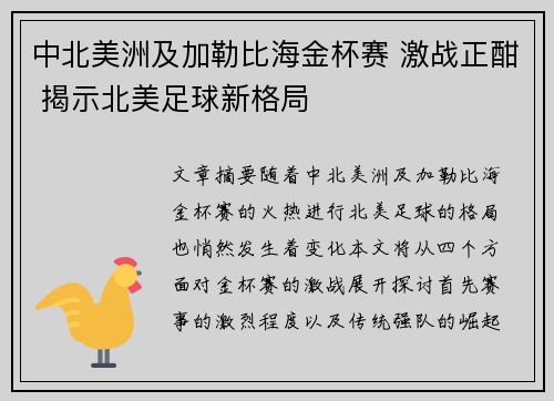 中北美洲及加勒比海金杯赛 激战正酣 揭示北美足球新格局 中北美洲及加勒比海金杯赛 激战正酣 揭示北美足球新格局